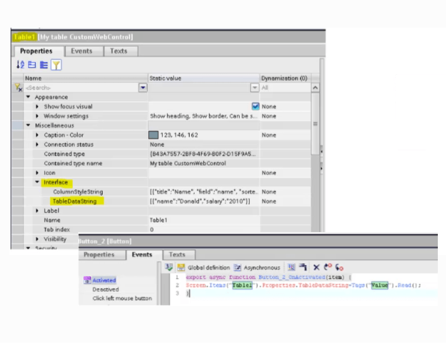 Modify CWC properties from external events | WinCC Unified