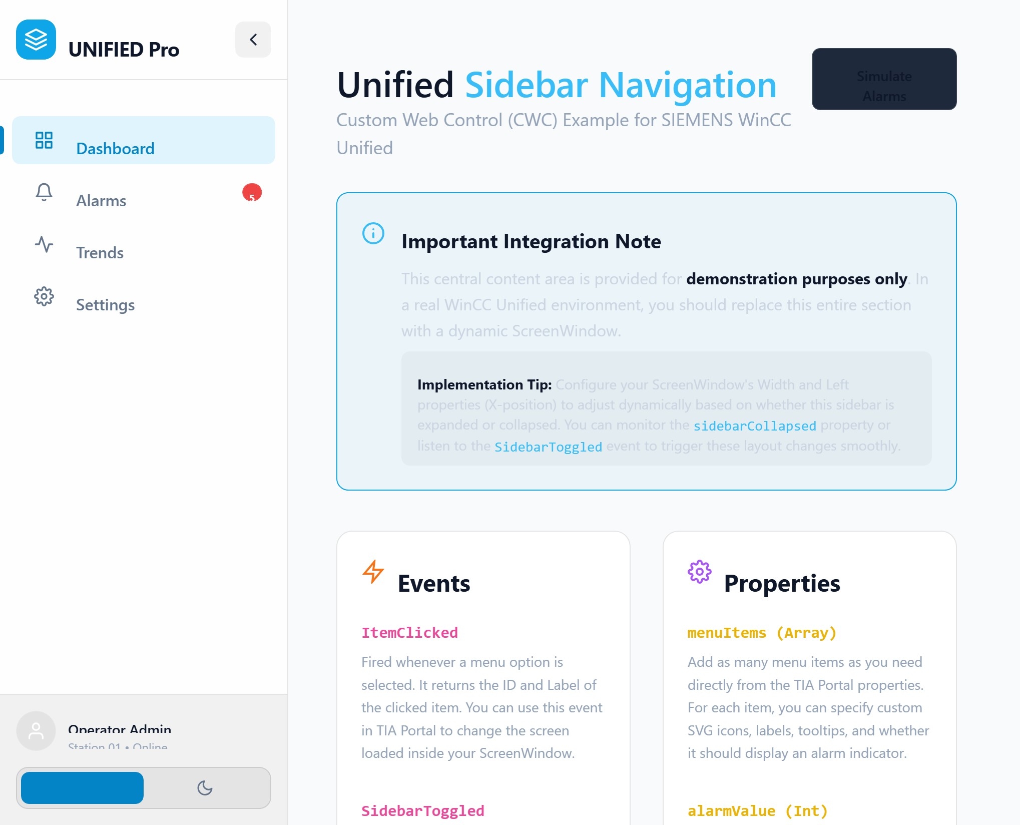 Sidebar Modern Navigation | Custom Web Control | WinCC Unified & V8