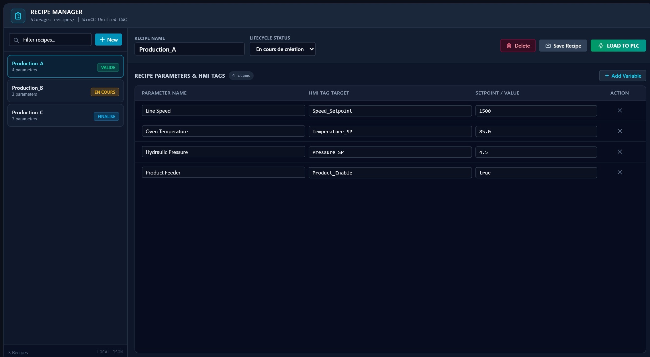 Recipe Manager | Custom Web Control | WinCC Unified & V8