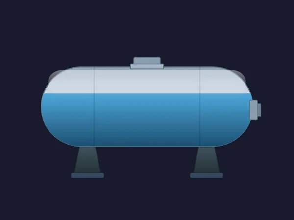 Serbatoio orizzontale SVG dinamico con mantello a capsula, boccaporto superiore, flangia laterale e due selle, pieno a metà di liquido blu