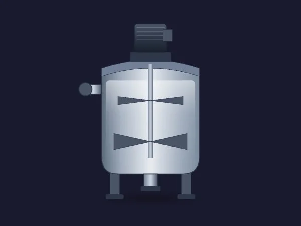 Miscelatore industriale SVG dinamico in acciaio inox lucidato con motore e riduttore in alto, ingresso laterale, giranti interne, gambe e scarico sul fondo