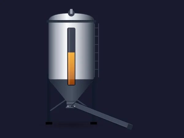 Silo SVG dinamico per solidi con corpo in acciaio inox, tramoggia conica, finestra d'ispezione con materiale ambrato, scala alla marinara e scivolo di scarico