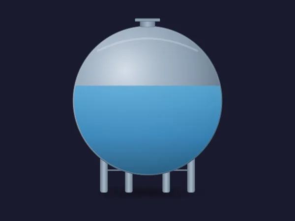 Serbatoio di stoccaggio sferico SVG dinamico (Hortonsphere) su colonne, pieno a metà di liquido blu