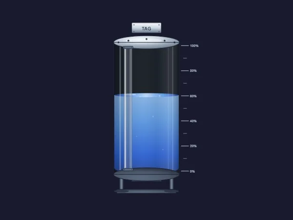 Indicatore di livello SVG dinamico per serbatoio verticale con corpo in vetro, liquido blu, scala percentuale e targhetta identificativa in alto