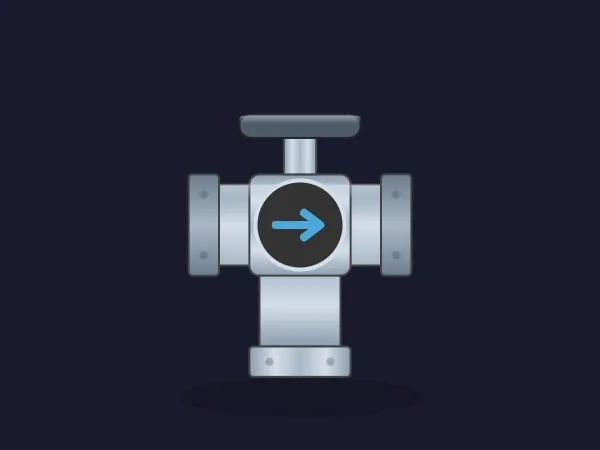 Dynamic SVG 3-way valve with a T-shaped steel body, bolted flanges, a top actuator and a round window with a blue flow arrow