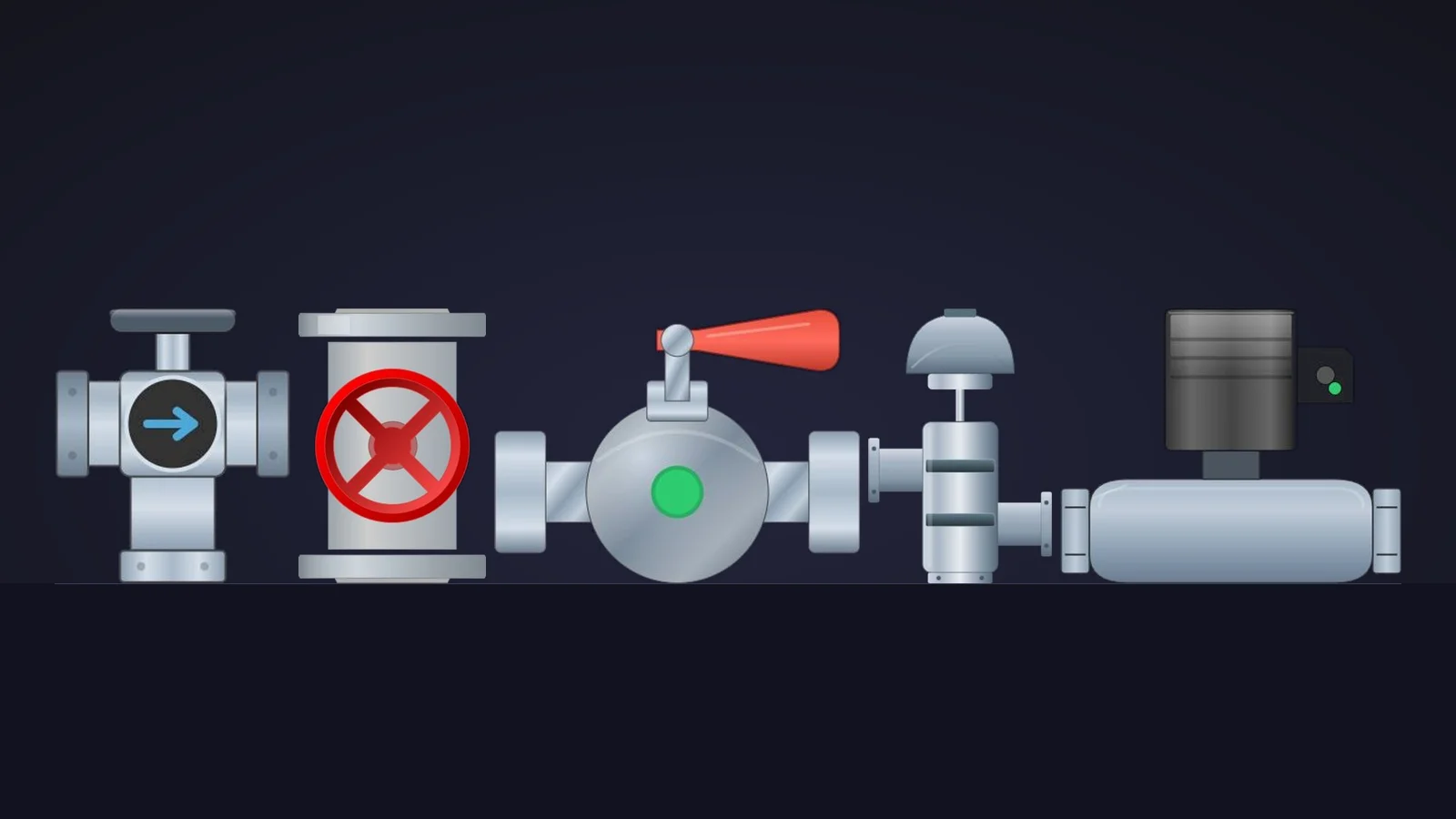Five dynamic SVG valves from the HMIx catalogue lined up on the same floor: a 3-way valve with a flow arrow, a gate valve with a red handwheel, a ball valve with a red lever, a double seat valve and a solenoid valve