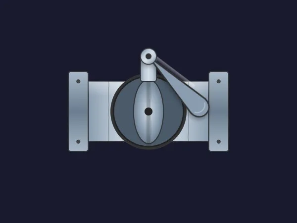Dynamic SVG butterfly valve with flanged body, a dark circular disc with a cutaway effect and a quarter-turn lever on top