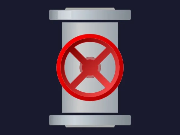Dynamic SVG gate valve seen from the front with a large red handwheel on a vertical steel body between two flanges