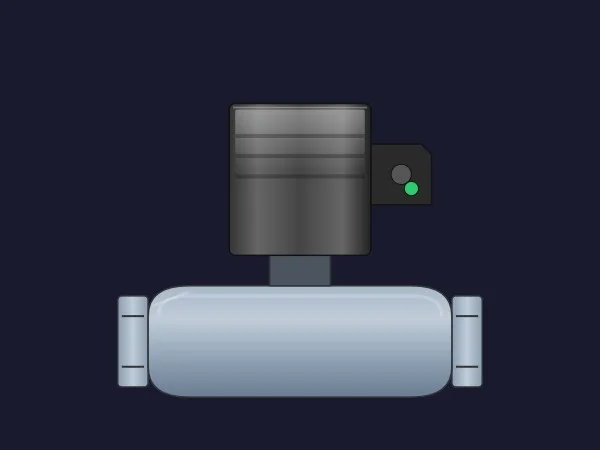 Dynamic SVG solenoid valve with a dark coil housing, a DIN connector with a green LED and a horizontal metallic body with flanged ends