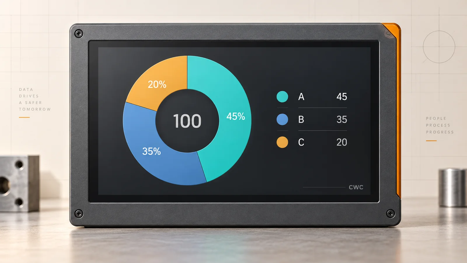 Illustration of an industrial HMI showing a three-series pie chart with values 45, 35 and 20