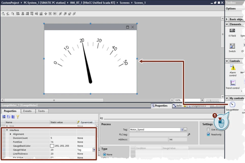 Siemens example showing My controls, a gauge on a Unified screen and its Interface properties