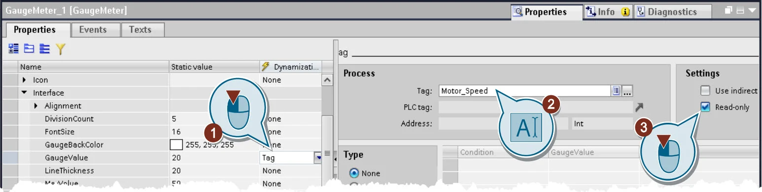 Siemens screenshot of a CWC property bound to a tag with the Read-only option enabled
